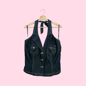 DARK STRETCH DENIM HALTER VEST (L)