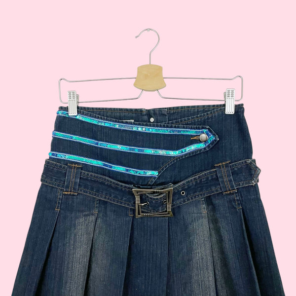 PLEATED BELTED DENIM SKIRT W/ SEQUINS (S/M)