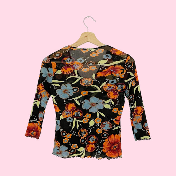 FLORAL PRINT MESH BUTTON UP TOP (S)