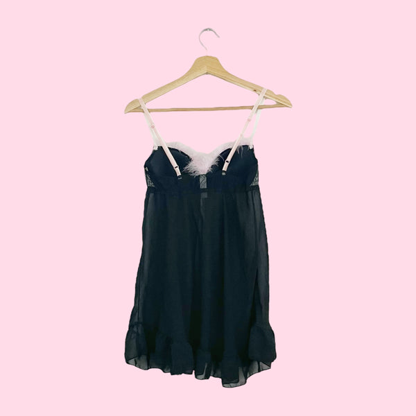 BLACK BABYDOLL W/ PINK FEATHER TRIM (S)