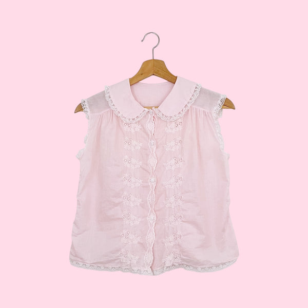 60s PINK EMBROIDERED COTTON BLOUSE (S/M)