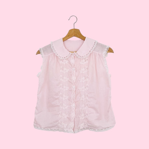 60s PINK EMBROIDERED COTTON BLOUSE (S/M)