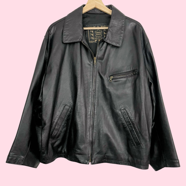 Black Leather Oversized Bomber Jacket (XL)