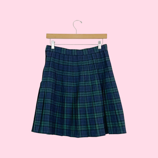 Green + Navy Plaid Pleated Knee Length Skirt (S)