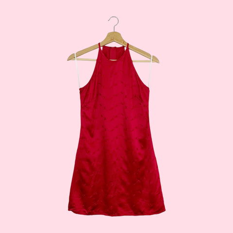 RED EMBROIDERED SATIN MINI DRESS (XS)