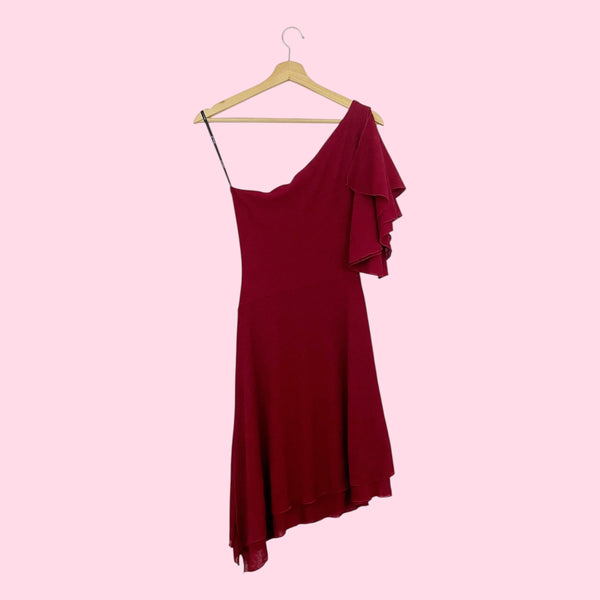 BURGUNDY ONE SHOULDER MIDI DRESS (XS)