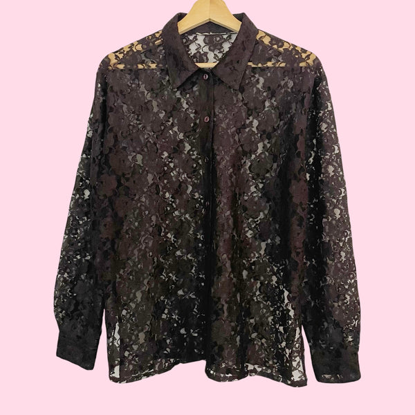 90s Brown Lace Blouse (L)