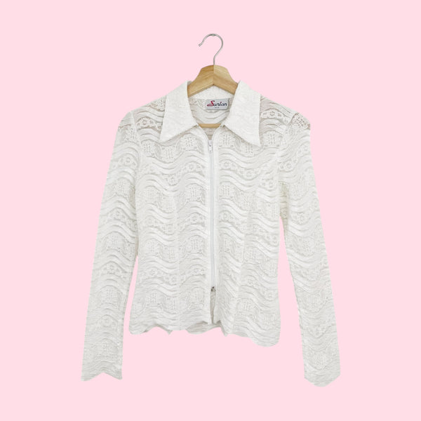 WHITE LACE ZIP UP BLOUSE (XS/S)