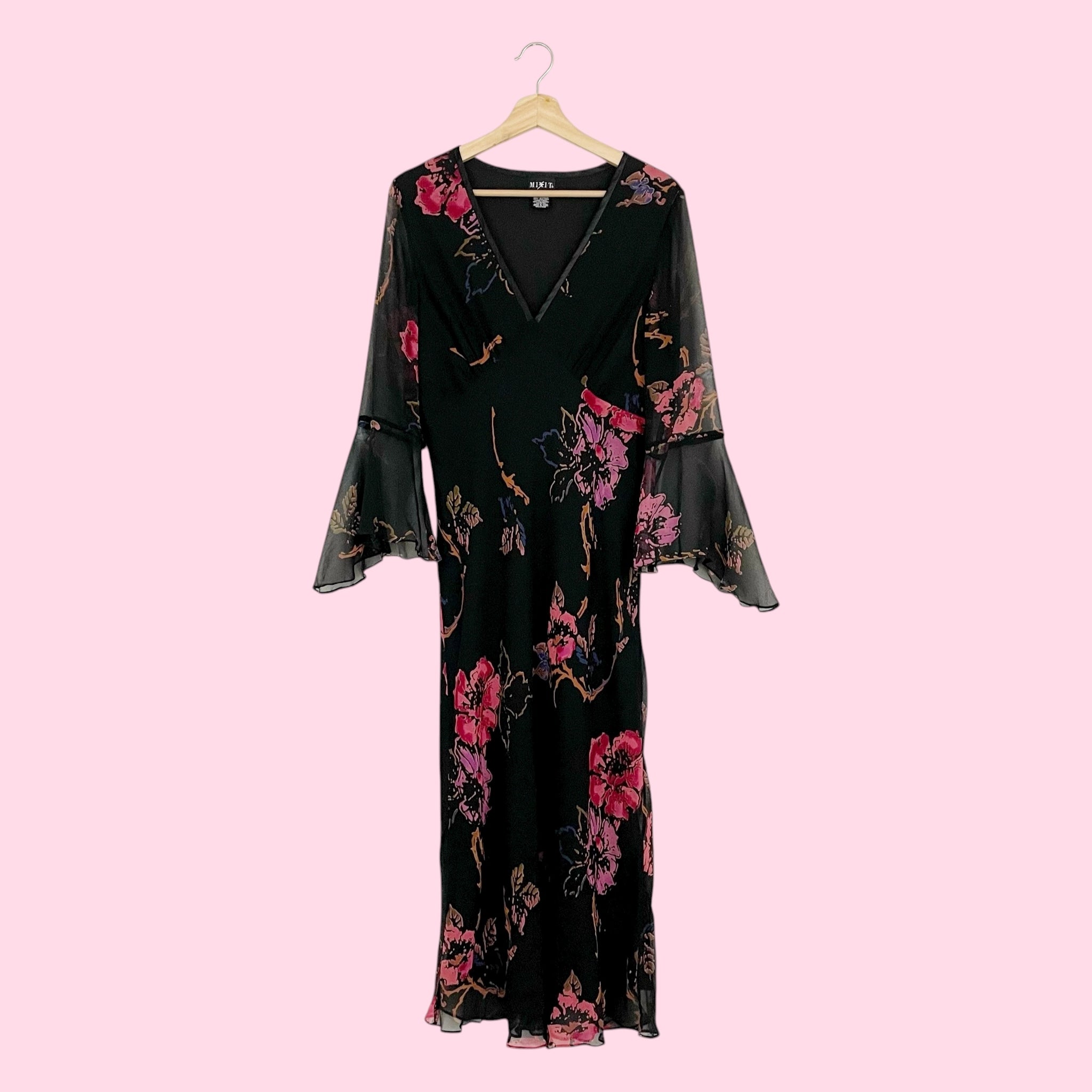 BLACK FLORAL SILK BELL SLEEVE MIDI DRESS (12)