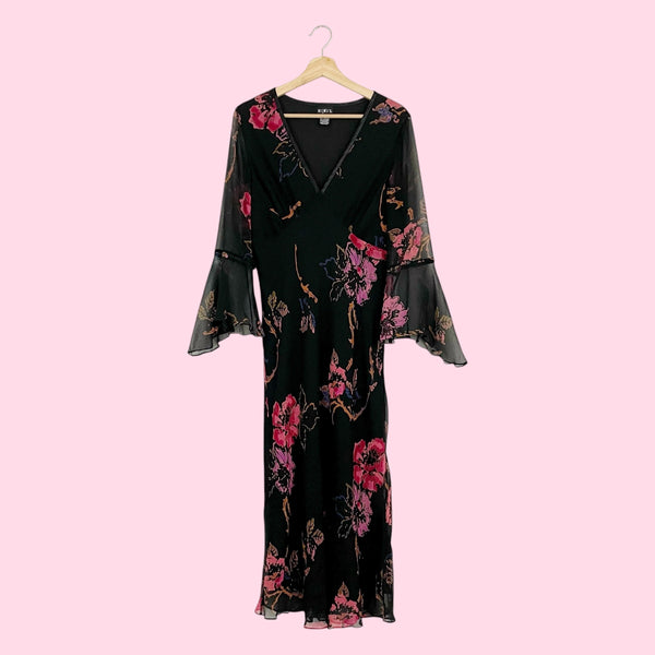 BLACK FLORAL SILK BELL SLEEVE MIDI DRESS (12)