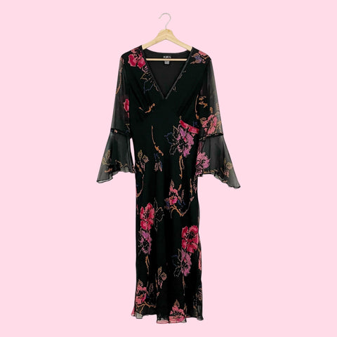 BLACK FLORAL SILK BELL SLEEVE MIDI DRESS (12)