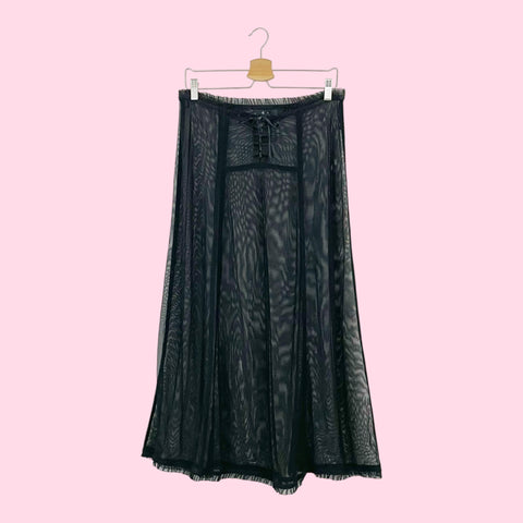 BLACK SHEER MESH LACE UP MAXI SKIRT (L)