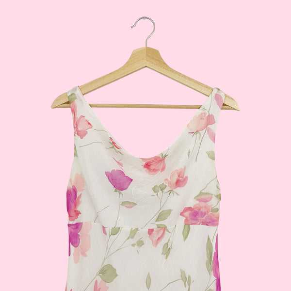 WHITE FLORAL COWL NECK MIDI DRESS (M)