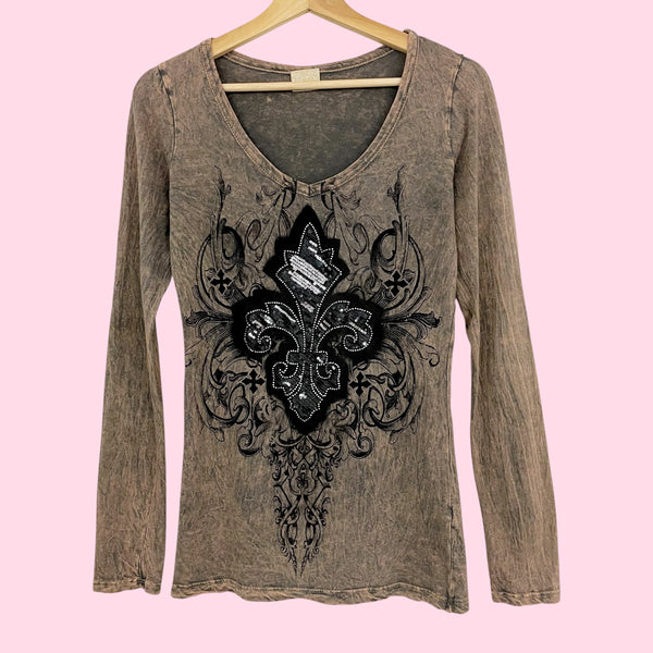 Y2K TIE DYE SEQUINS FLEUR DE LIS TEE (S)