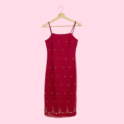 RED EMBROIDERED FLORAL MIDI DRESS (XS/S)