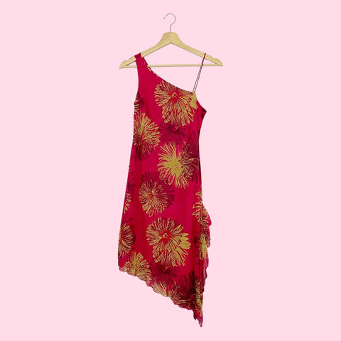 PINK + LIME FLORAL ASYMMETRICAL MIDI DRESS (XS/S)