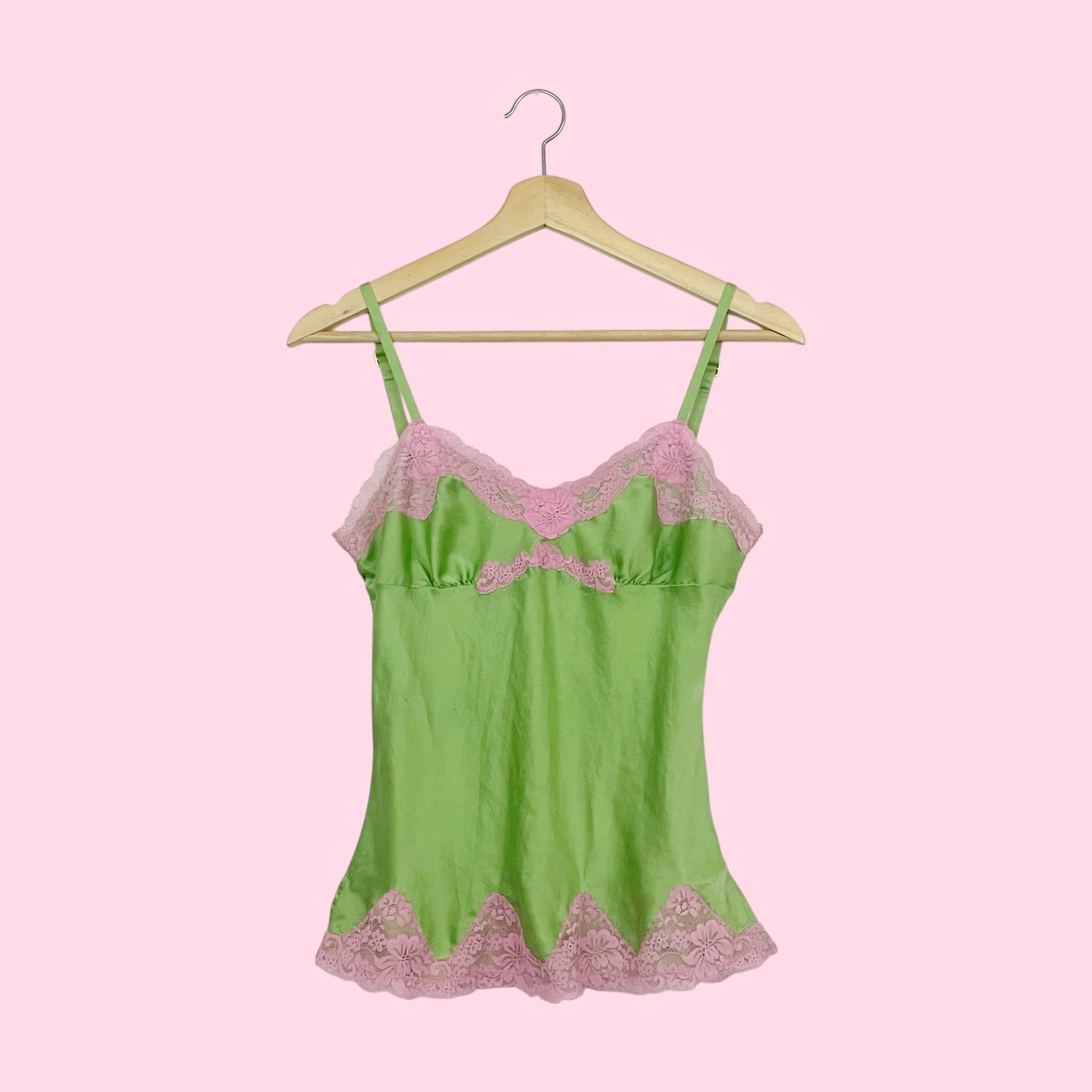 GREEN + PINK SILK LACE TRIM CAMI (XS)