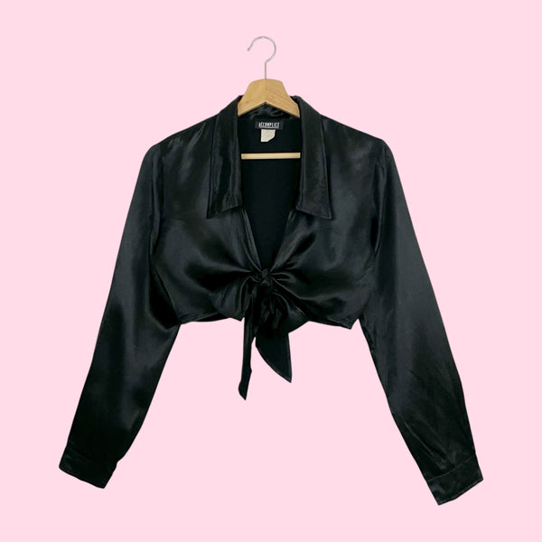 BLACK SATIN TIE FRONT CROPPED BLOUSE (S/M)