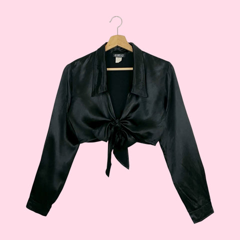 BLACK SATIN TIE FRONT CROPPED BLOUSE (S/M)