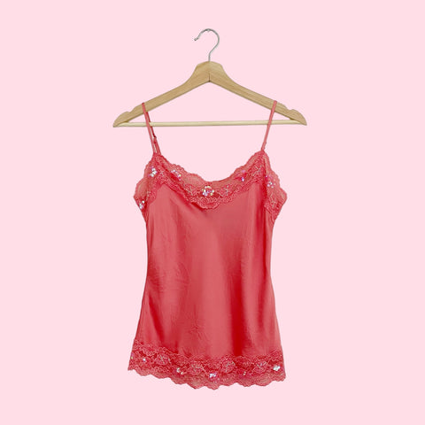 CORAL SILK TANK W/ SEQUINS LACE (XS)