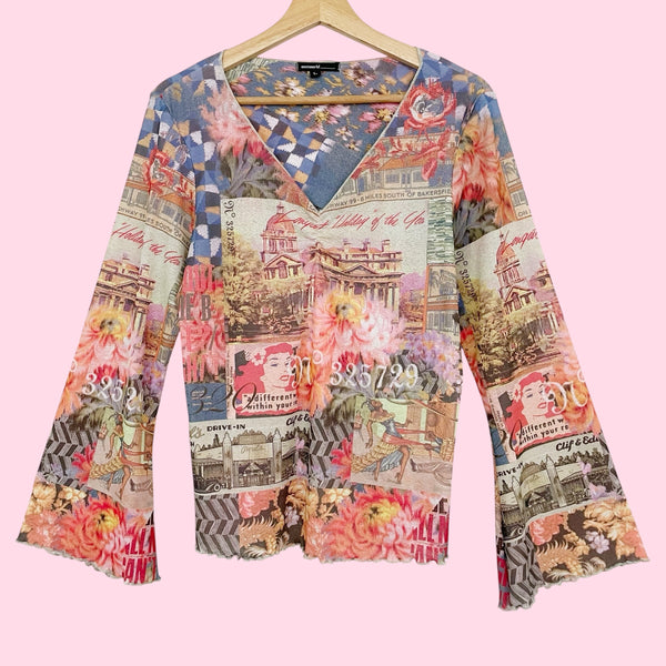 ALL OVER PRINT MESH BELL SLEEVE TOP (L/XL)