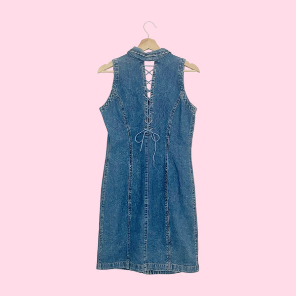 90s Denim Button Up Dress w/ Lace Up Back (6/8)