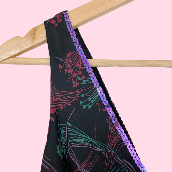 BETSEY JOHNSON PRINTED SILK MIDI DRESS W/ SEQUINS TRIM (M)