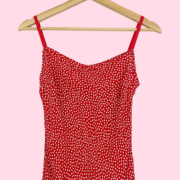 RED + WHITE POLKA DOT MIDI DRESS (XS)