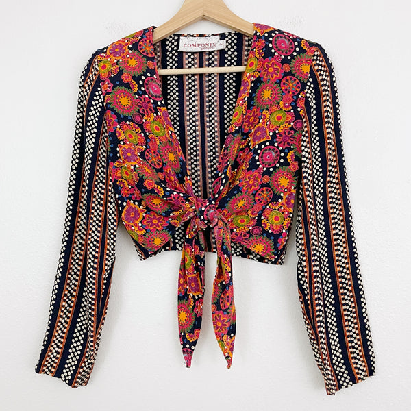 MIXED PRINT TIE FRONT CROPPED BLOUSE (S)