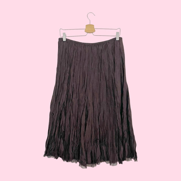 BROWN SILK WRINKLE PLEATED MIDI SKIRT (M)