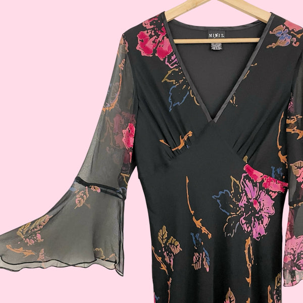 BLACK FLORAL SILK BELL SLEEVE MIDI DRESS (12)