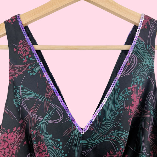 BETSEY JOHNSON PRINTED SILK MIDI DRESS W/ SEQUINS TRIM (M)