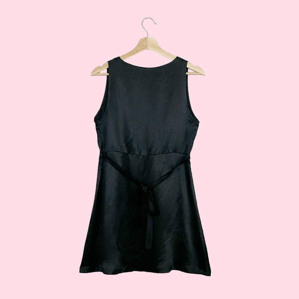 BLACK SATIN TIE BACK MINI DRESS (S)