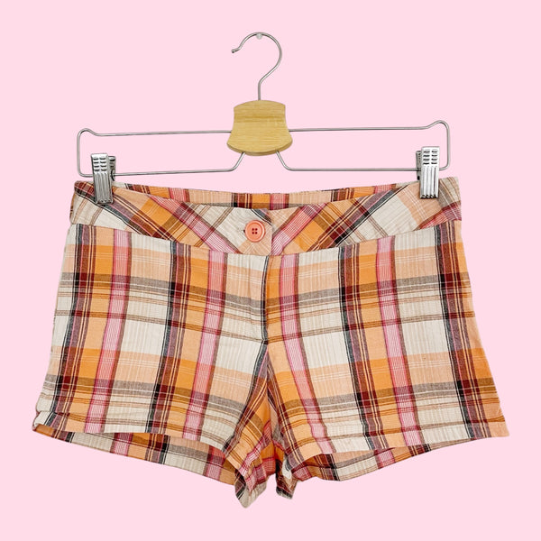 Y2K ORANGE PLAID LOW RISE SHORTS (S/M)