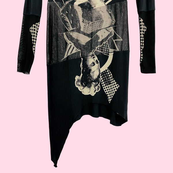 GRAPHIC ASYMMETRICAL MESH PANEL DRESS (M)
