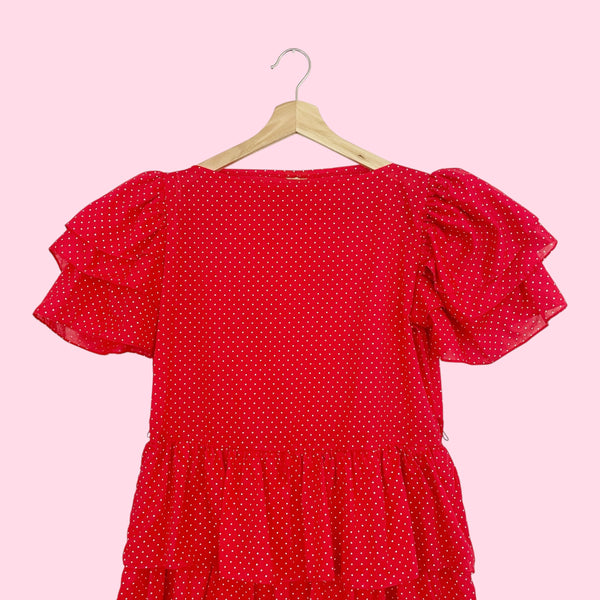 RED + WHITE POLKA DOT RUFFLE DRESS (M)