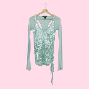 MINT SILK SEQUINS CUT OUT BLOUSE (S)