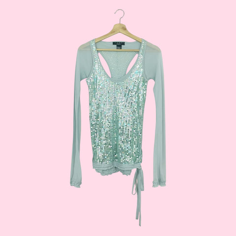 MINT SILK SEQUINS CUT OUT BLOUSE (S)