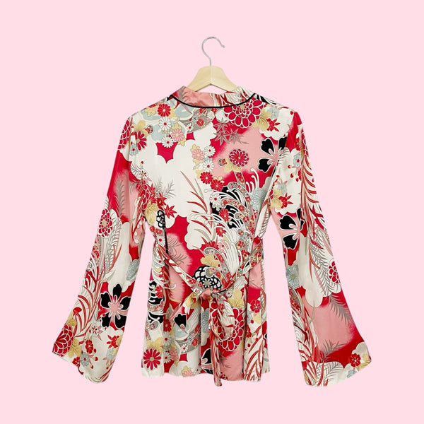 FLORAL SILK TIE BACK BLOUSE (M)