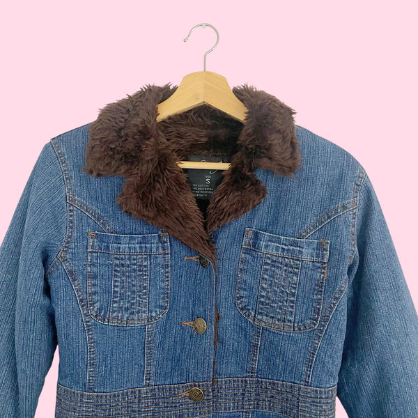 Y2K Denim Jacket w/ Brown Faux Fur (S)