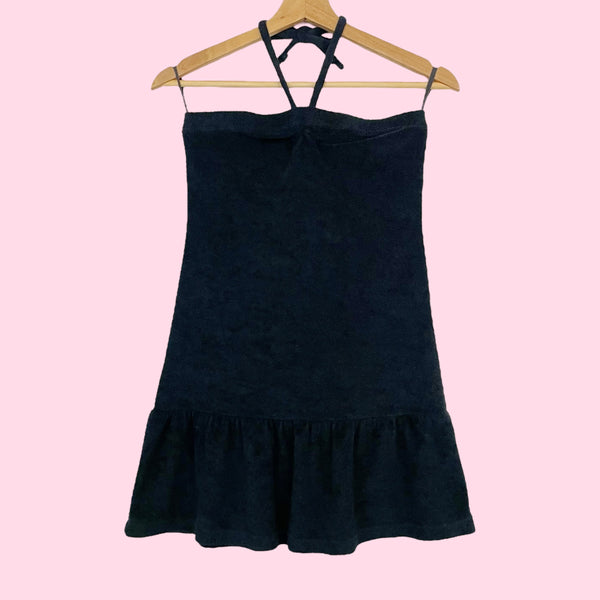 BLACK TERRY CLOTH HALTER MINI DRESS (S)