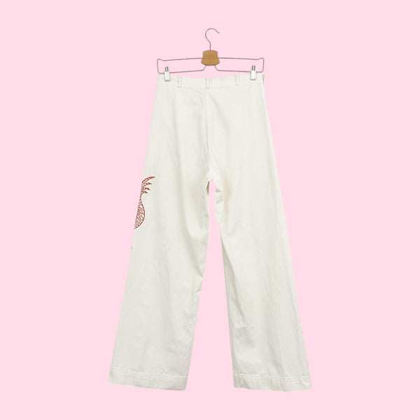 VINTAGE US NAVY WHITE PANTS W/ EMBROIDERED DRAGON (28)