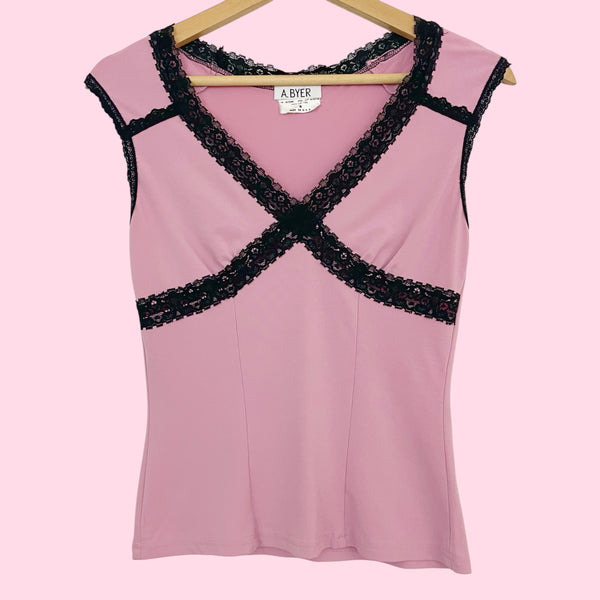 PINK + BLACK LACE TANK (M)