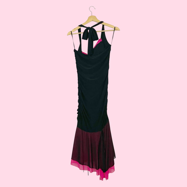 BLACK + PINK CINCHED HALTER MAXI DRESS (S)