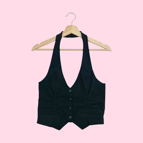 Y2K PINSTRIPE CROPPED HALTER VEST (L)