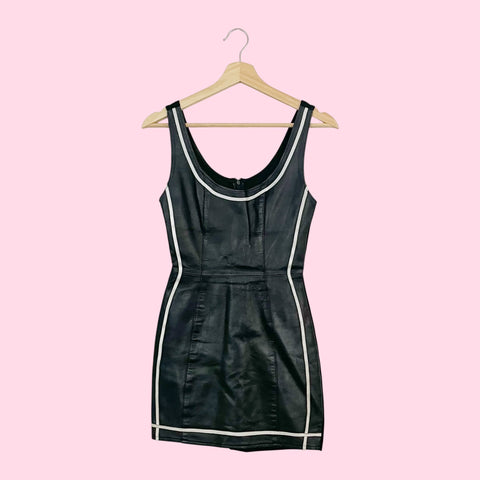 CACHE BLACK + WHITE LEATHER MINI DRESS (XS)