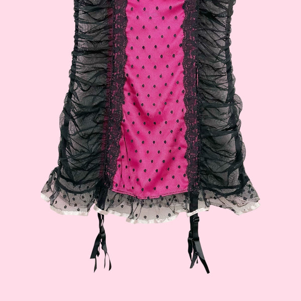 VICTORIA'S SECRET BLACK + PINK DOT RUCHED MESH BABYDOLL (34D)