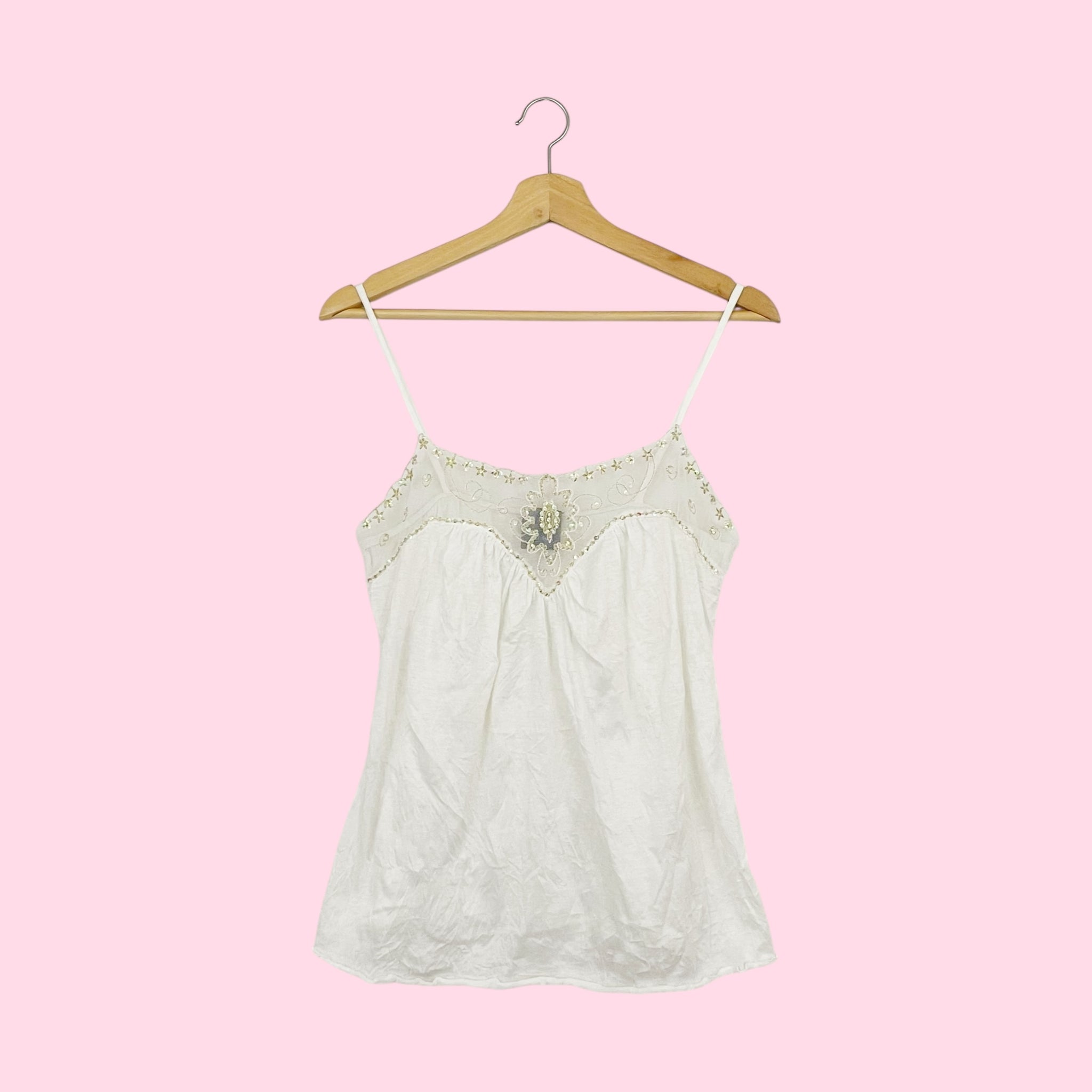WHITE TANK W/ EMBROIDERED BEADED MESH TRIM (M)