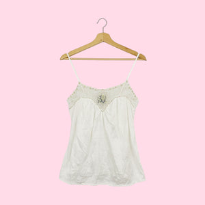 WHITE TANK W/ EMBROIDERED BEADED MESH TRIM (M)