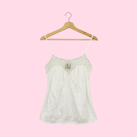 WHITE TANK W/ EMBROIDERED BEADED MESH TRIM (M)